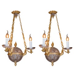 Late 19th Century, Ormolu and Crystal Pair of Empire Style Small Chandeliers