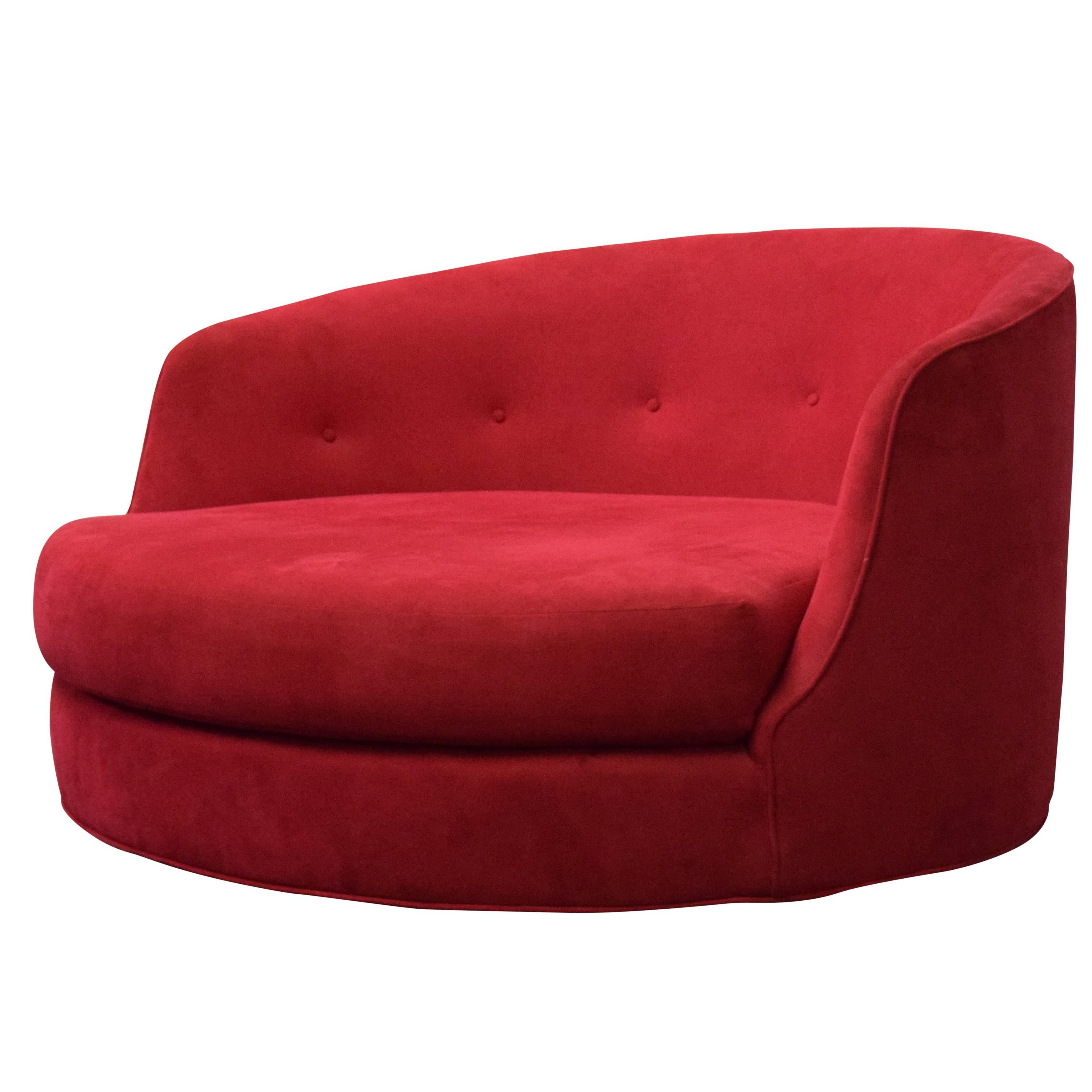 Large Milo Baughman swivel lounge chair.

3 Large Milo Baughman swivel lounge chairs available 
Chairs need to be reupholstered- All different fabric colors/patterns
1. Red pictured 
2. Floral pattern
3. Floral pattern
Chairs have walnut swivel
