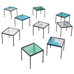 Very Large Set of Side Tables in Structured Glass and Steel