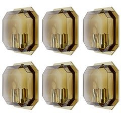 One of Six Geometric Smoked Topaz Glass & Brass Wall Lights by Limburg c. 1980