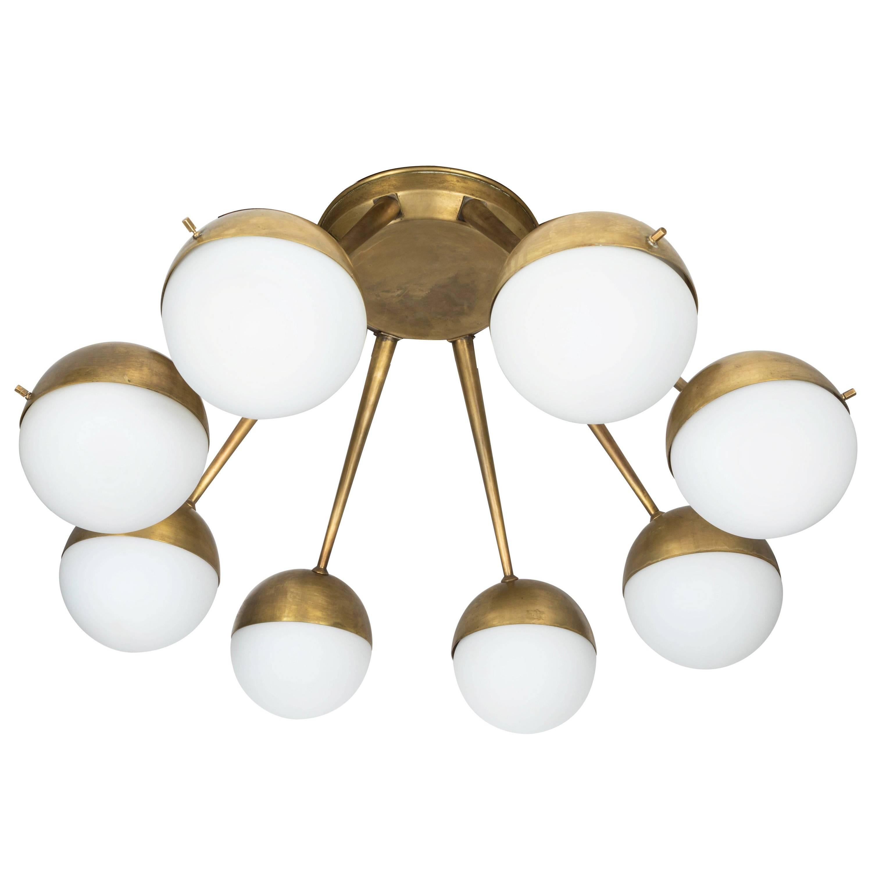 1960s Italian Eight-Arm Brass and Glass Chandelier Attributed to Stilnovo