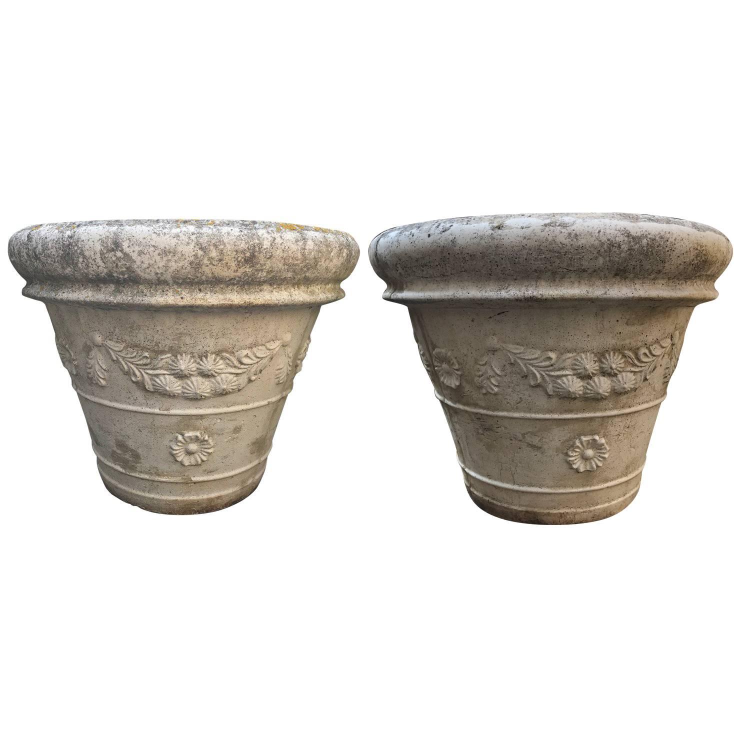 Large Pair of French Cast Stone Planters with Floral Wreath Swag Detail