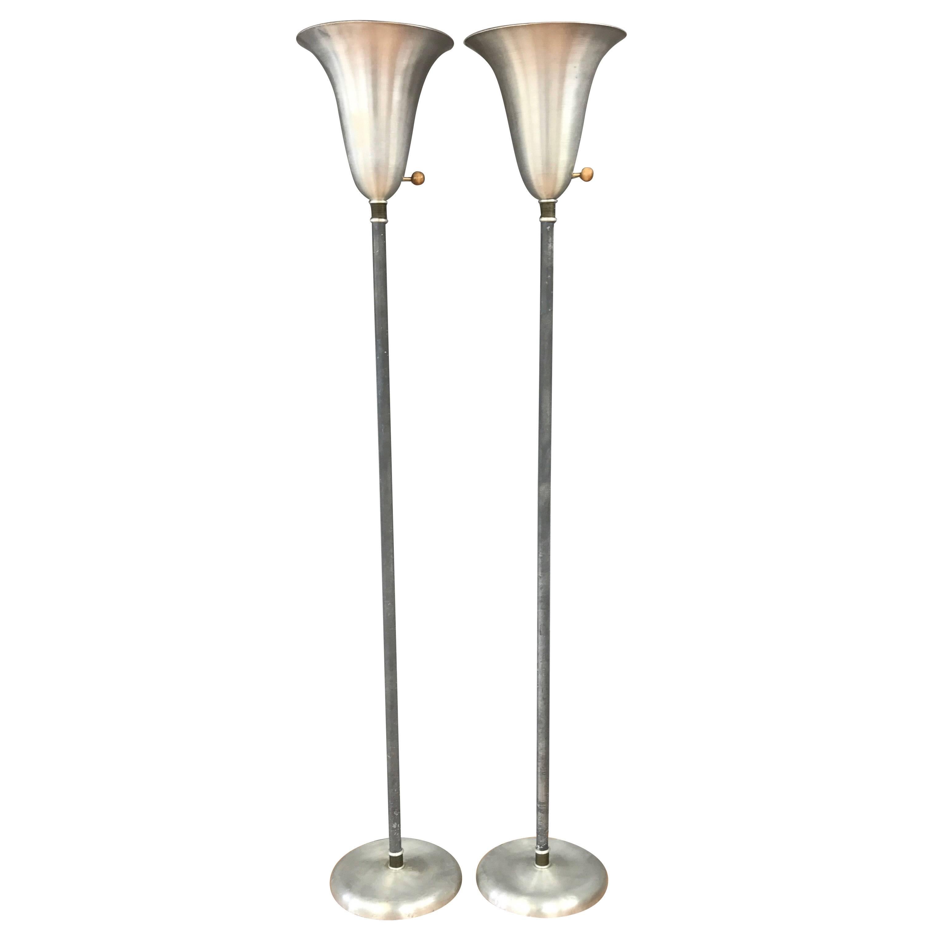 Pair of Russel Wright American Modern Aluminium and Brass Torchieres For Sale