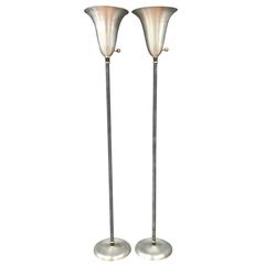 Pair of Russel Wright American Modern Aluminium and Brass Torchieres