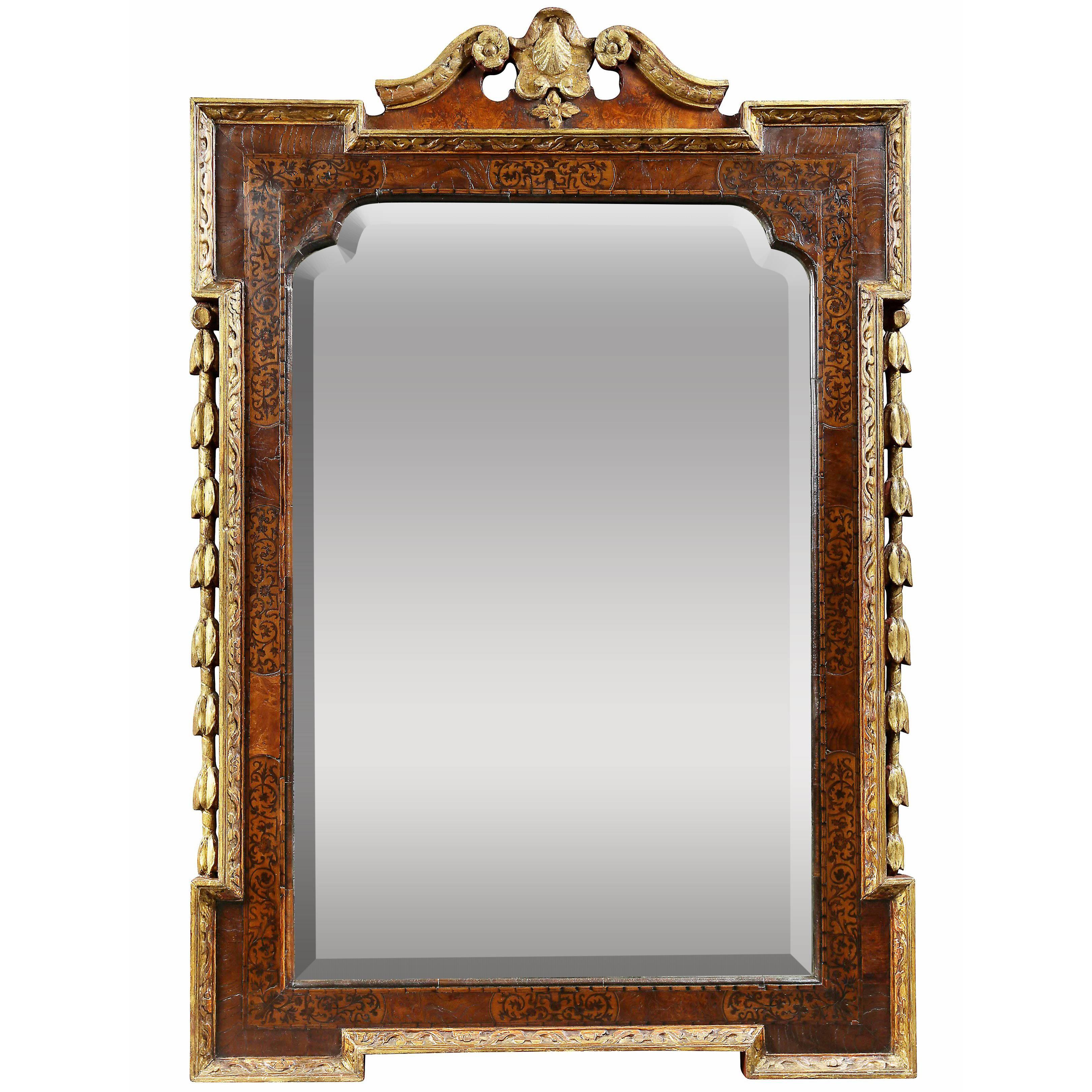 Miroir en bois doré, broussin d'orme et marqueterie George II