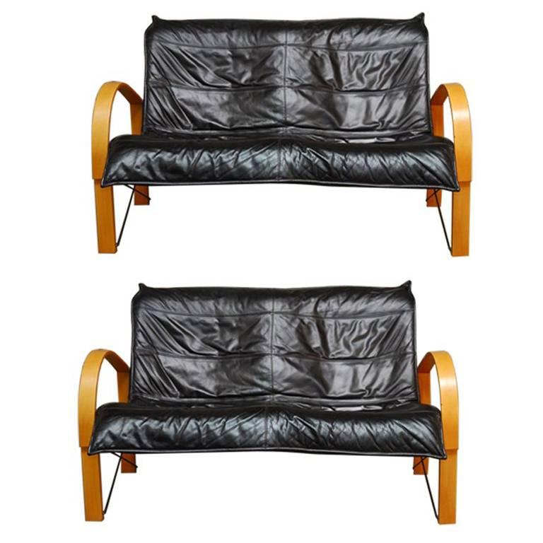 Pair of Mid-Century Scandinavian Bentwood and Leather Sofas