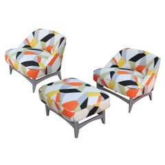 Pair of Modern Lounge Chairs in Gray and Bold Geometric Fabric with Ottoman