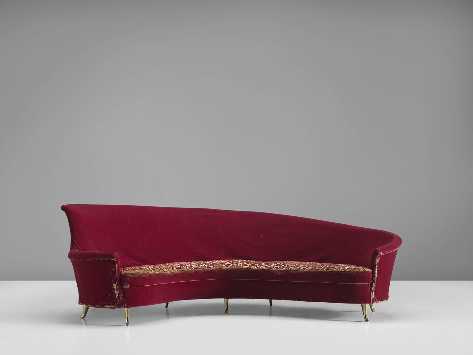 Mid-Century Modern Curved Italian High Back Sofa with Brass