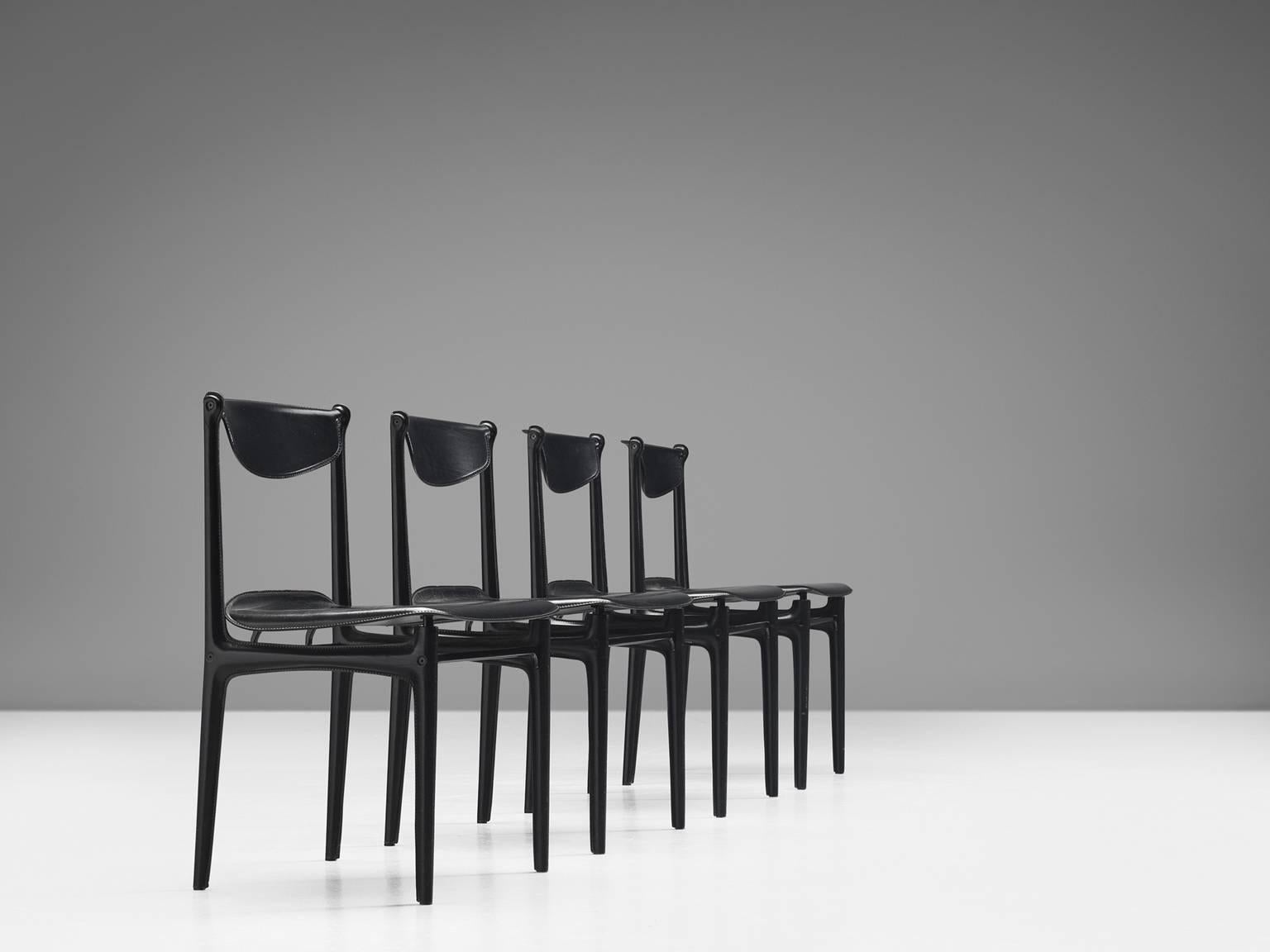 Mid-Century Modern Matteo Grassi Set of Four Black Leather Dining Chairs