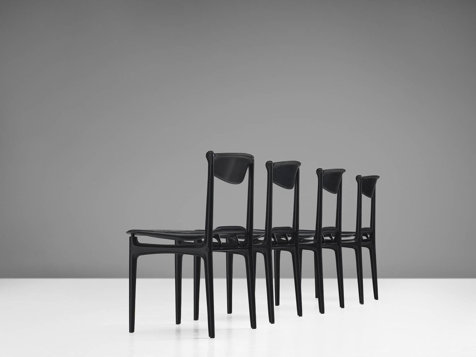 Italian Matteo Grassi Set of Four Black Leather Dining Chairs