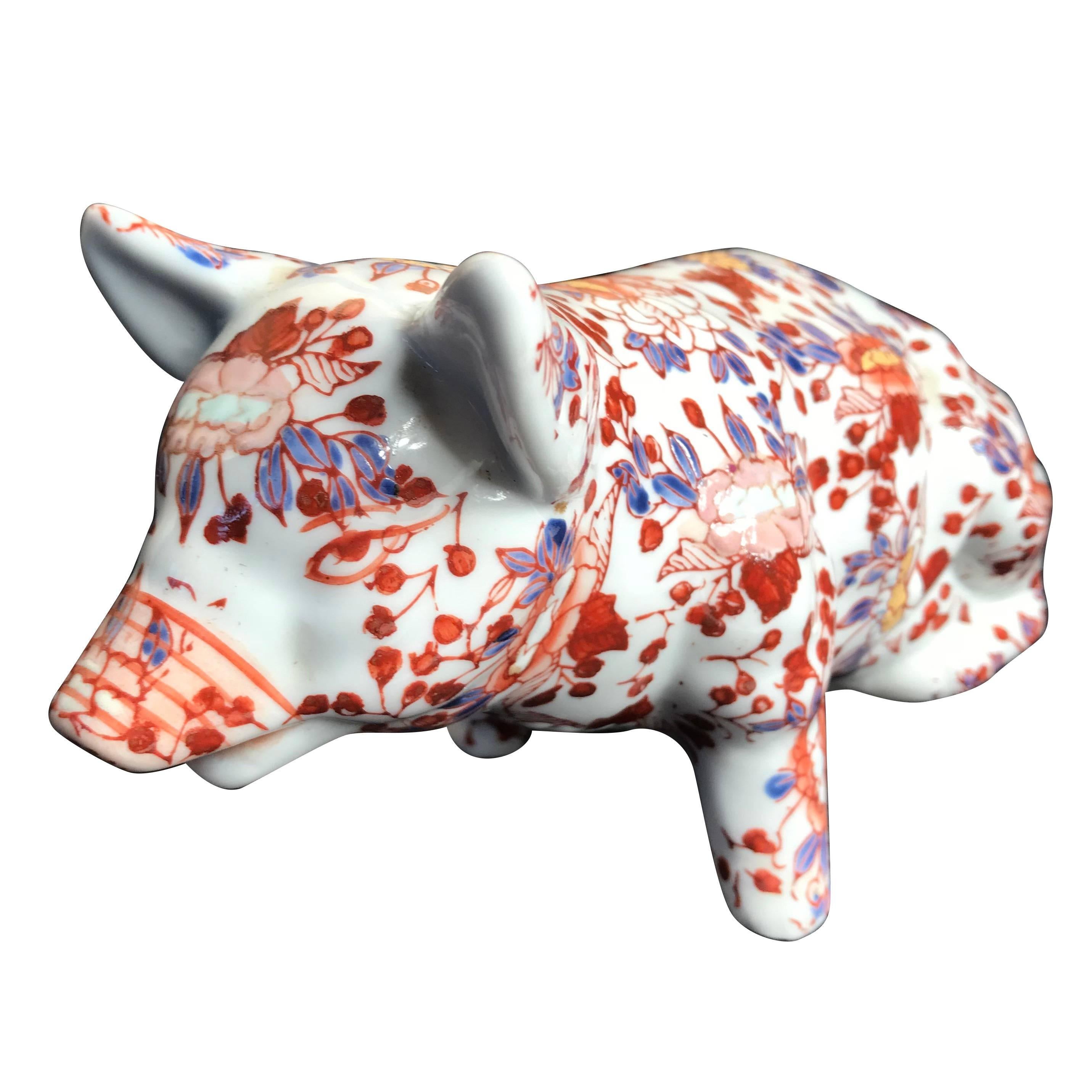 Japanese Red Enameled  Porcelain Boar or Pig, Sculpture Okimono