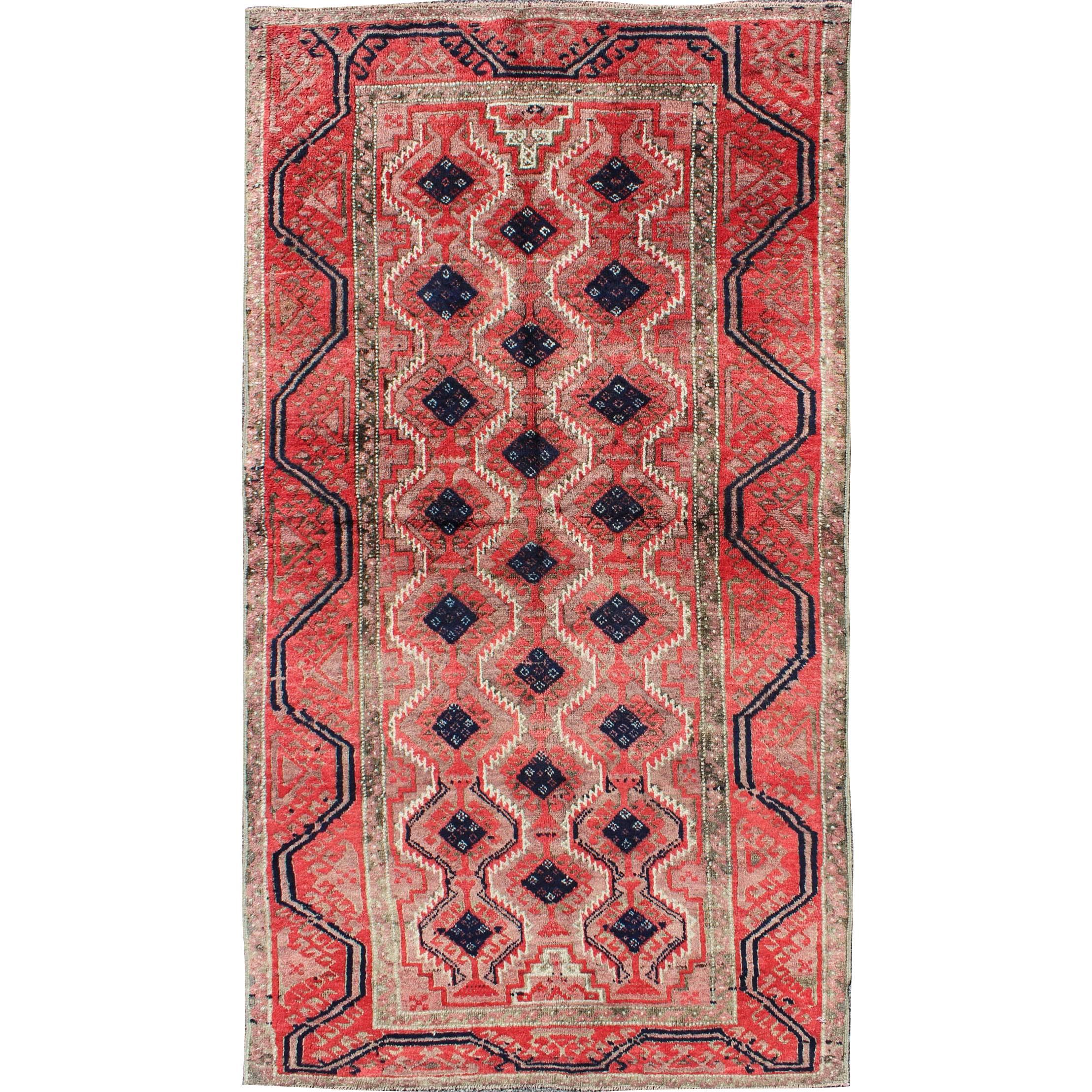 Midcentury Vintage Beluch Rug with All-Over Diamond Pattern in Red & Charcoal For Sale