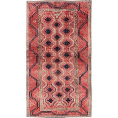 Midcentury Retro Beluch Rug with All-Over Diamond Pattern in Red & Charcoal