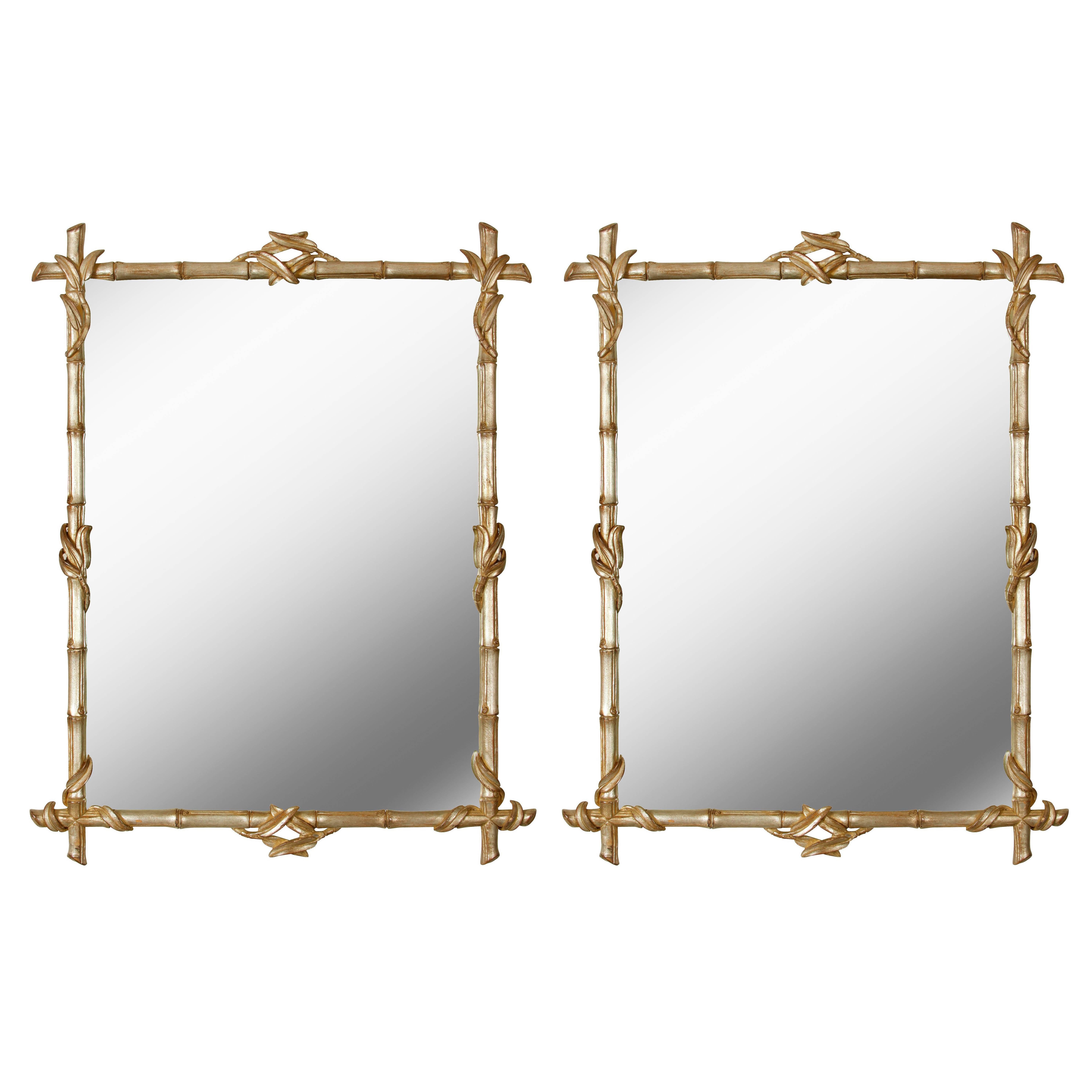 Pair of Silvered Faux Bamboo Mirrors