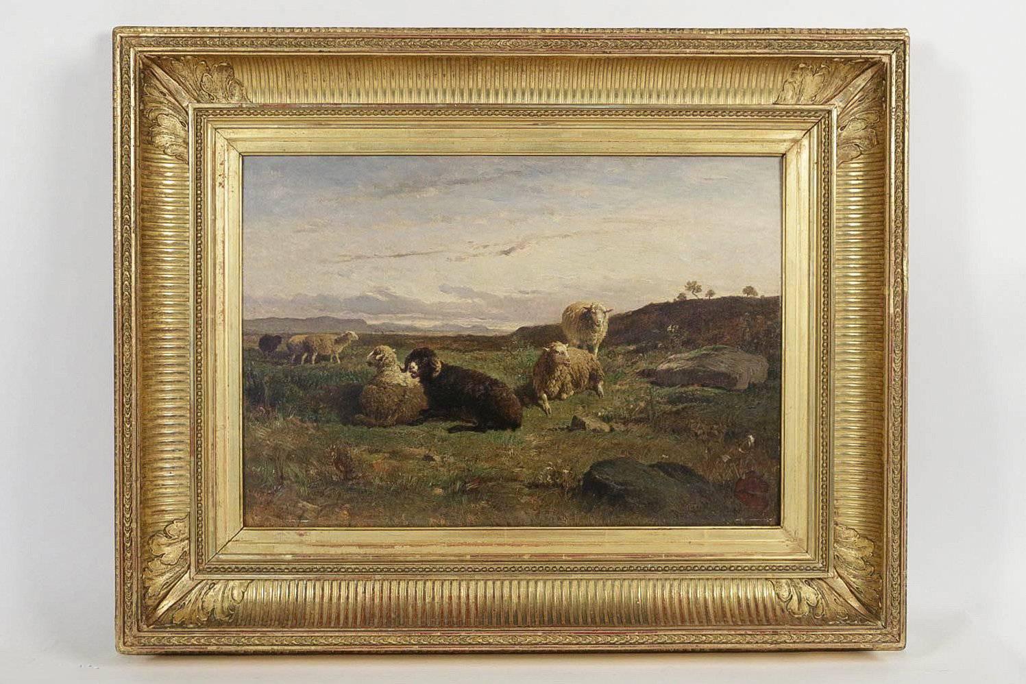 We are pleased to present you an ornamental Barbizon School, oil on panel, featuring a rural scene of sheep. A lot of quality in this painting, signed on a lower right by William Baird. Indicated stamp Acquired by the Society « Friends of the Arts »