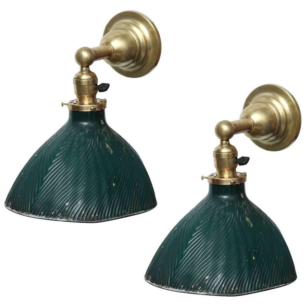 Pair of Vintage X-Ray Green Mercury Glass and Brass Wall Lamp