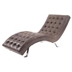 Button Tufted Gray Leather Chaises Longue