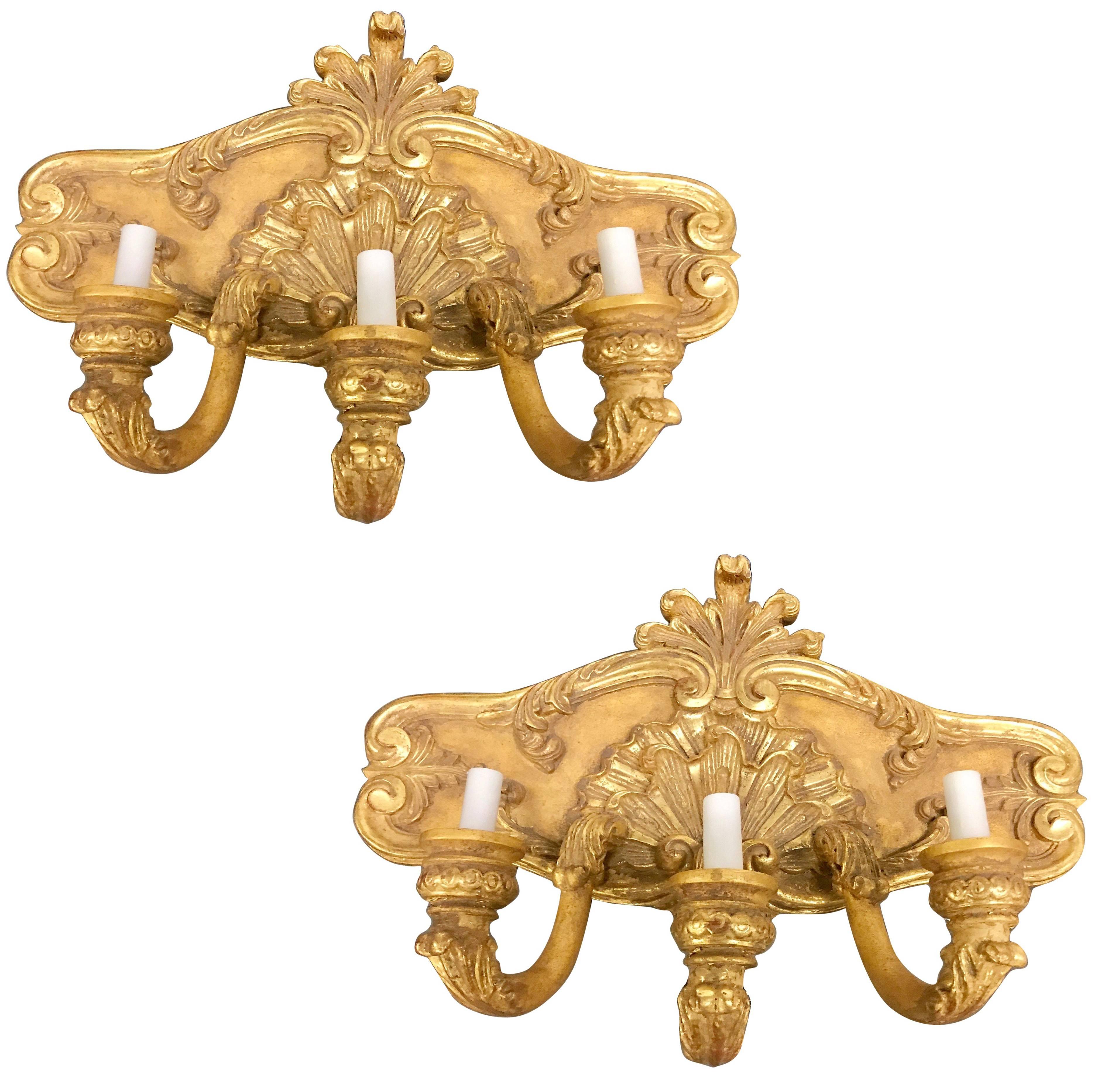 Large Pair of French Giltwood Three-Light Shell Motif Wall Sconces, Electrified