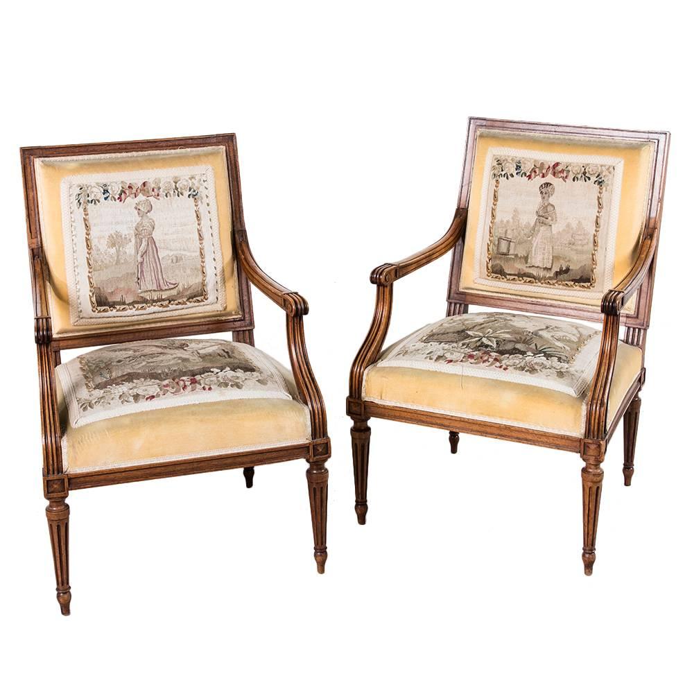 Nineteenth Century Louis XVI Style Walnut Armchairs With Gobelins Tapestry