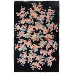 Art Deco Chinese Rug with Black Background and Flower Bouquet in Pastel Colors