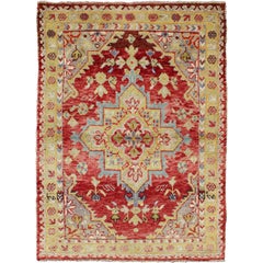 Antique Turkish Oushak  Medallion Rug in Red, Chartreus Green, Gray & Light Blue