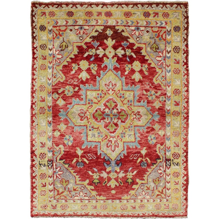 Antique Turkish Oushak Medallion Rug in Red, Chartreus Green, Gray and