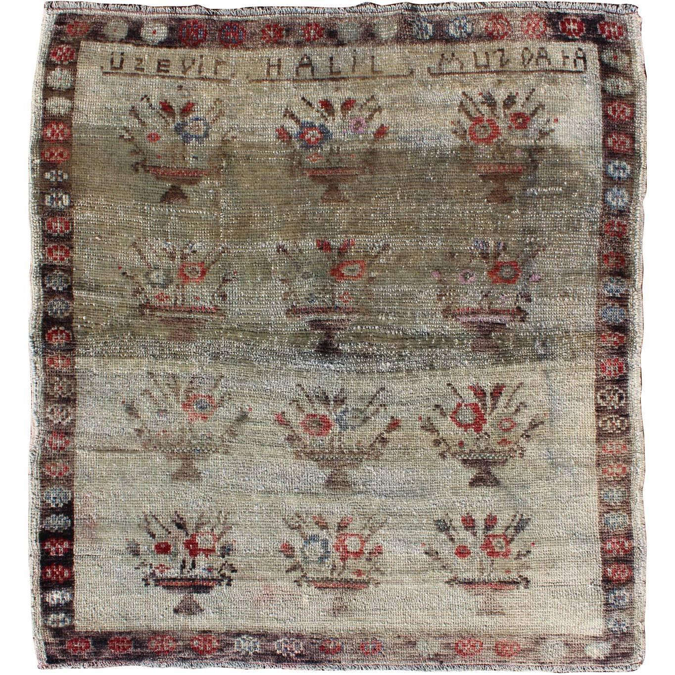 Midcentury Turkish Oushak Rug with All-Over Flower Bouquet Pattern For Sale