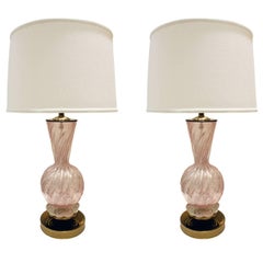 Barovier & Toso Pair of Handblown Pink Glass Lamps with Brass Bases, 1950s