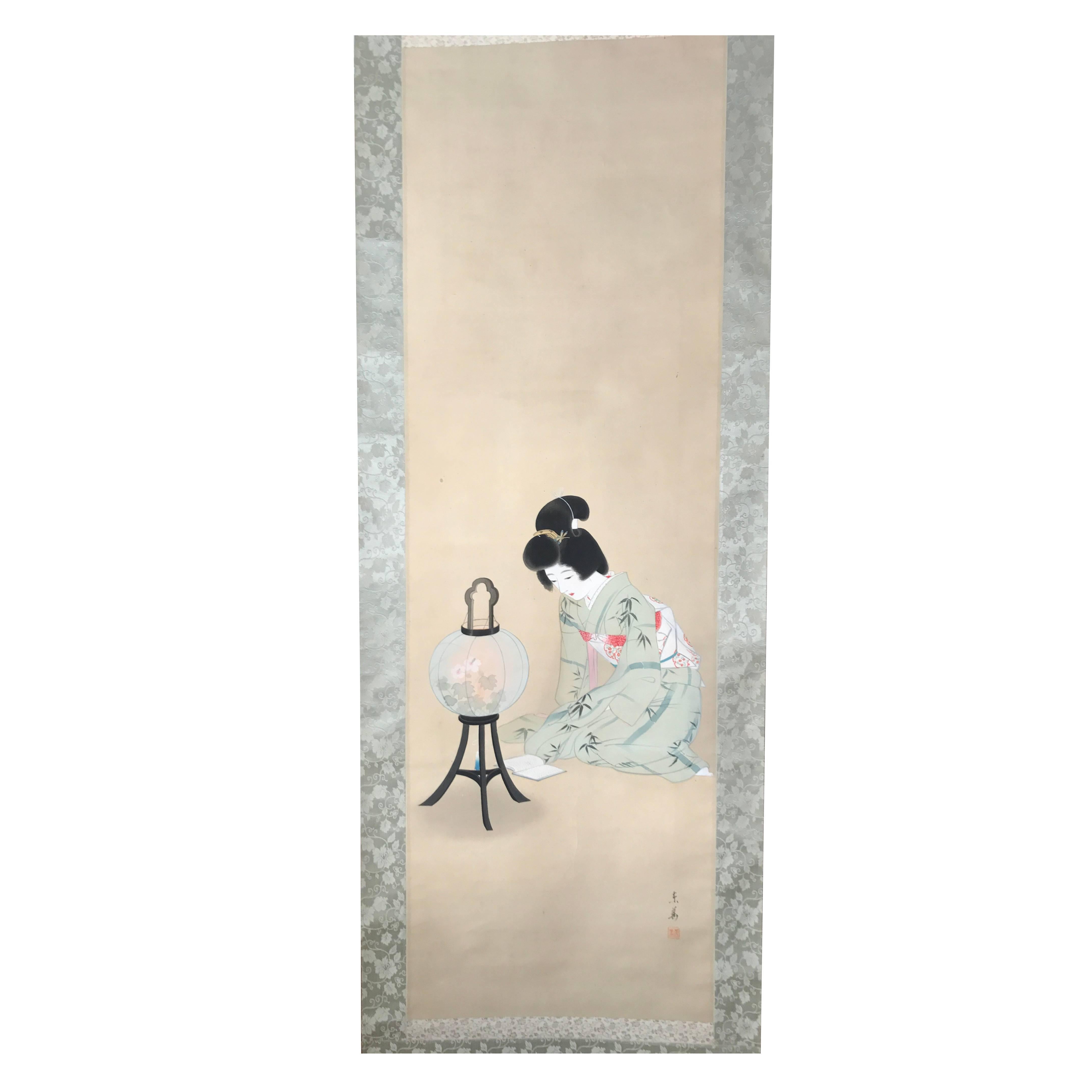 Japanese Hand-Painted Silk Scroll "Lovely Bijin Gazing into a Floral Lamp"