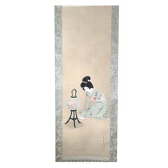 Japanese Hand-Painted Silk Scroll "Lovely Bijin Gazing into a Floral Lamp"