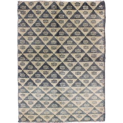 All-Over Turkish Tulu Rug with Blue and Ivory Triangle / Flower Design