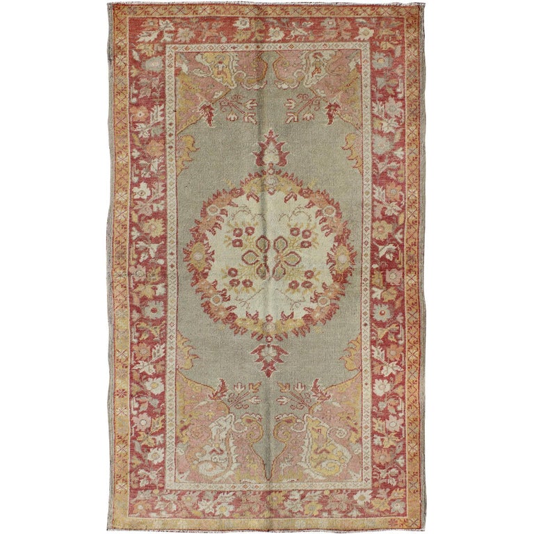 Turkish Oushak Vintage Rug with Floral Medallion Design in Red and