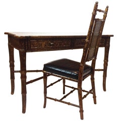 Faux Tortoise Shell and Bamboo Design Writing Table/ Desk with Matching Chair