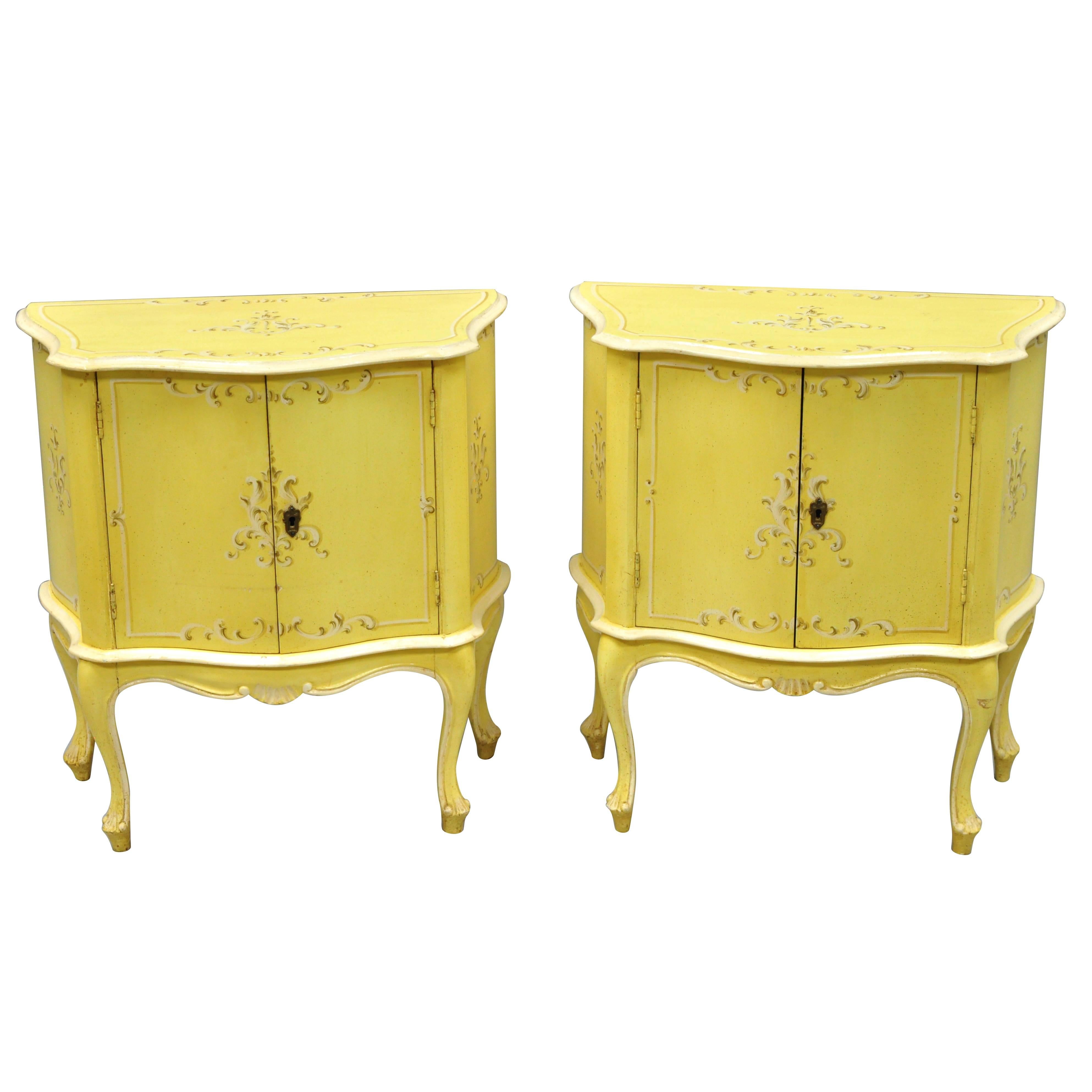Pair of Small Italian Florentine Yellow Floral Painted Bombe Commode Side Chest