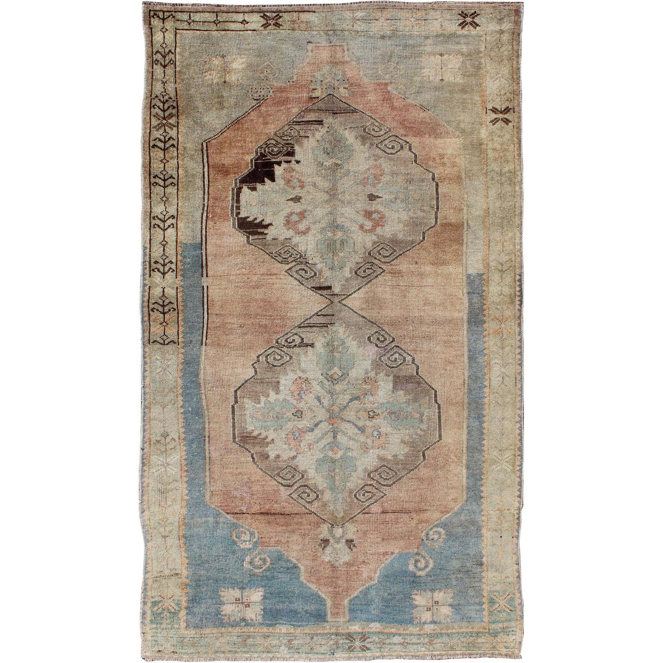 Dual Medallion Antique Turkish Oushak Rug in Reddish Brown, Blue and Green