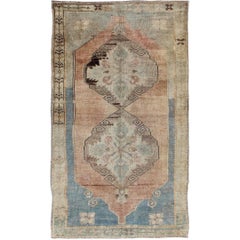 Dual Medallion Antique Turkish Oushak Rug in Reddish Brown, Blue and Green