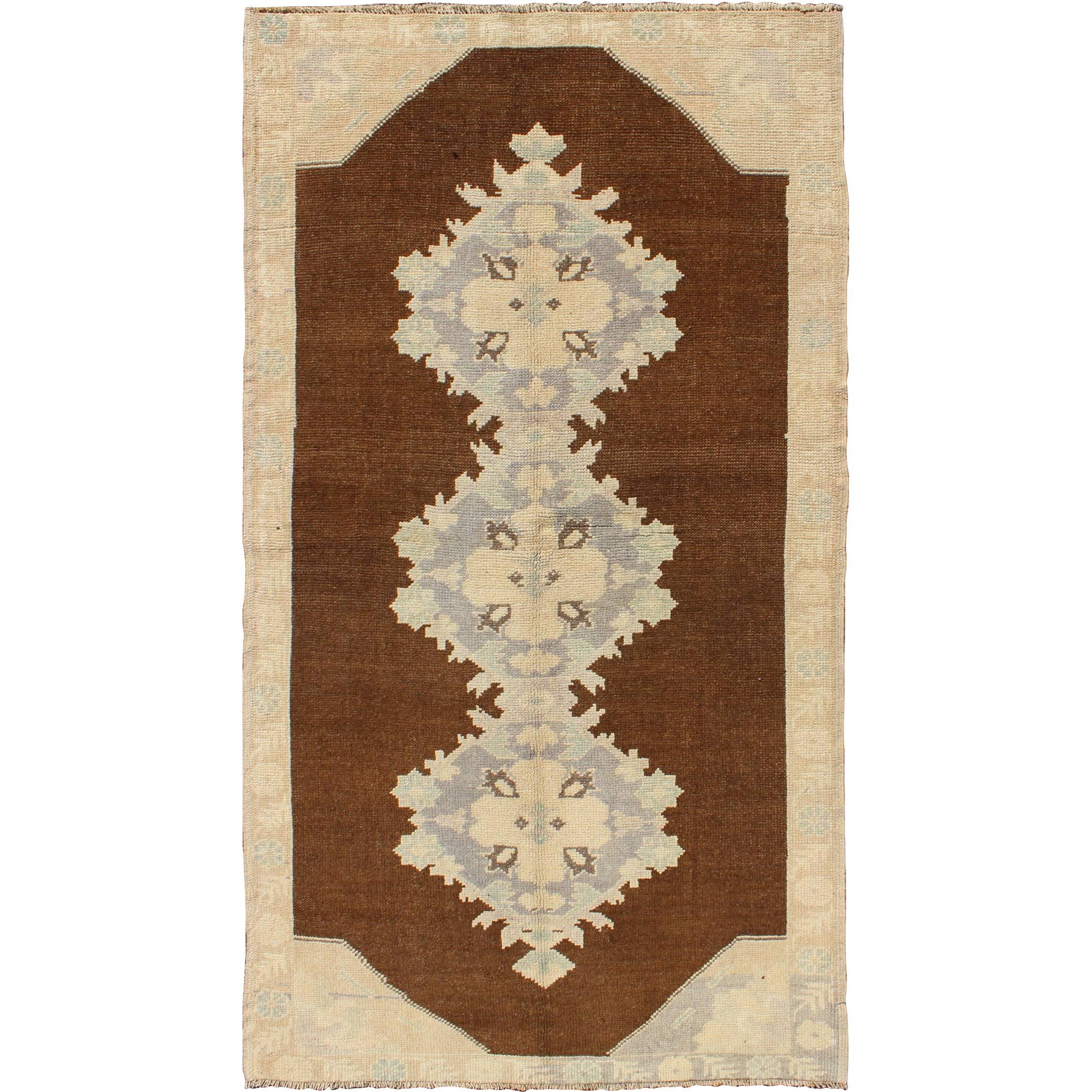 Vintage Turkish Oushak Runner with Floral Medallions in Brown, Gray, Taupe