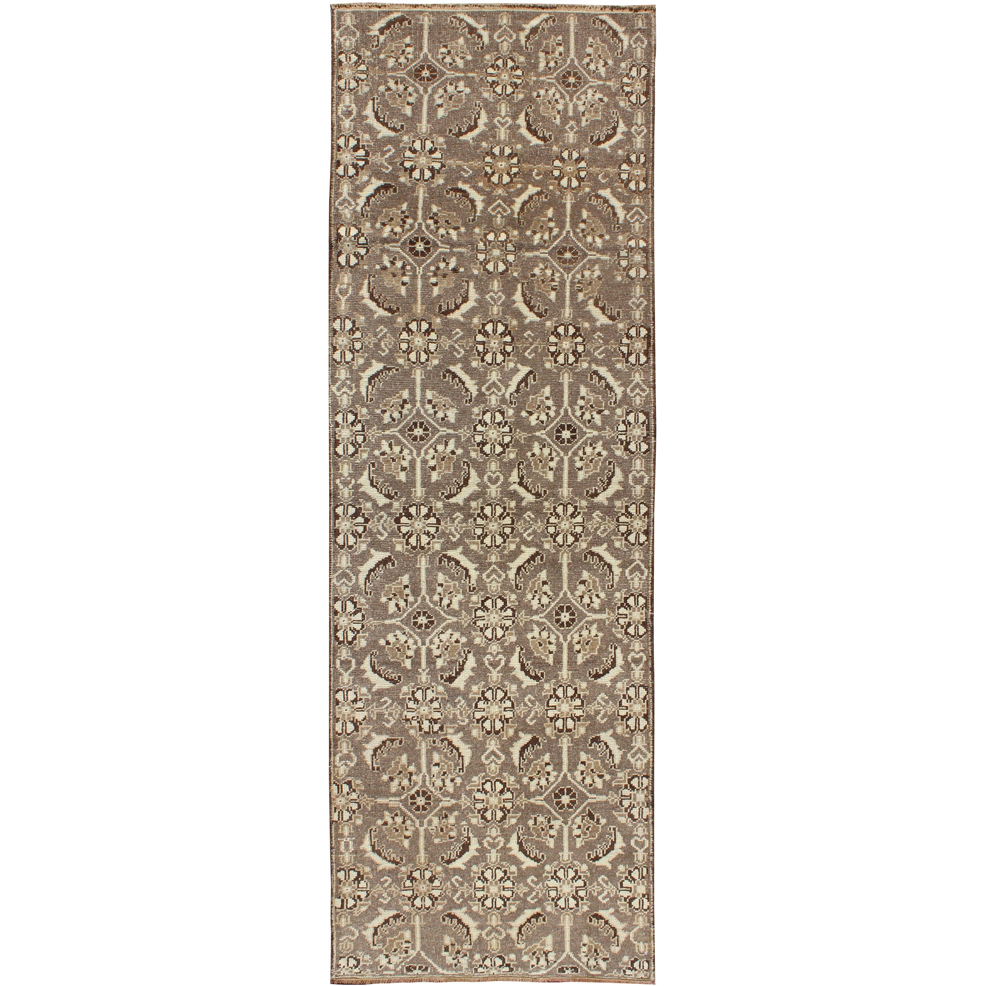 Vintage Turkish Runner with All-Over Blossoms Pattern in Light Charcoal & Ivory For Sale