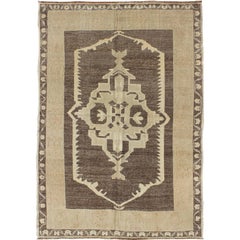 Vintage Turkish Oushak Rug with Central Medallions and Floral Borders in Brown