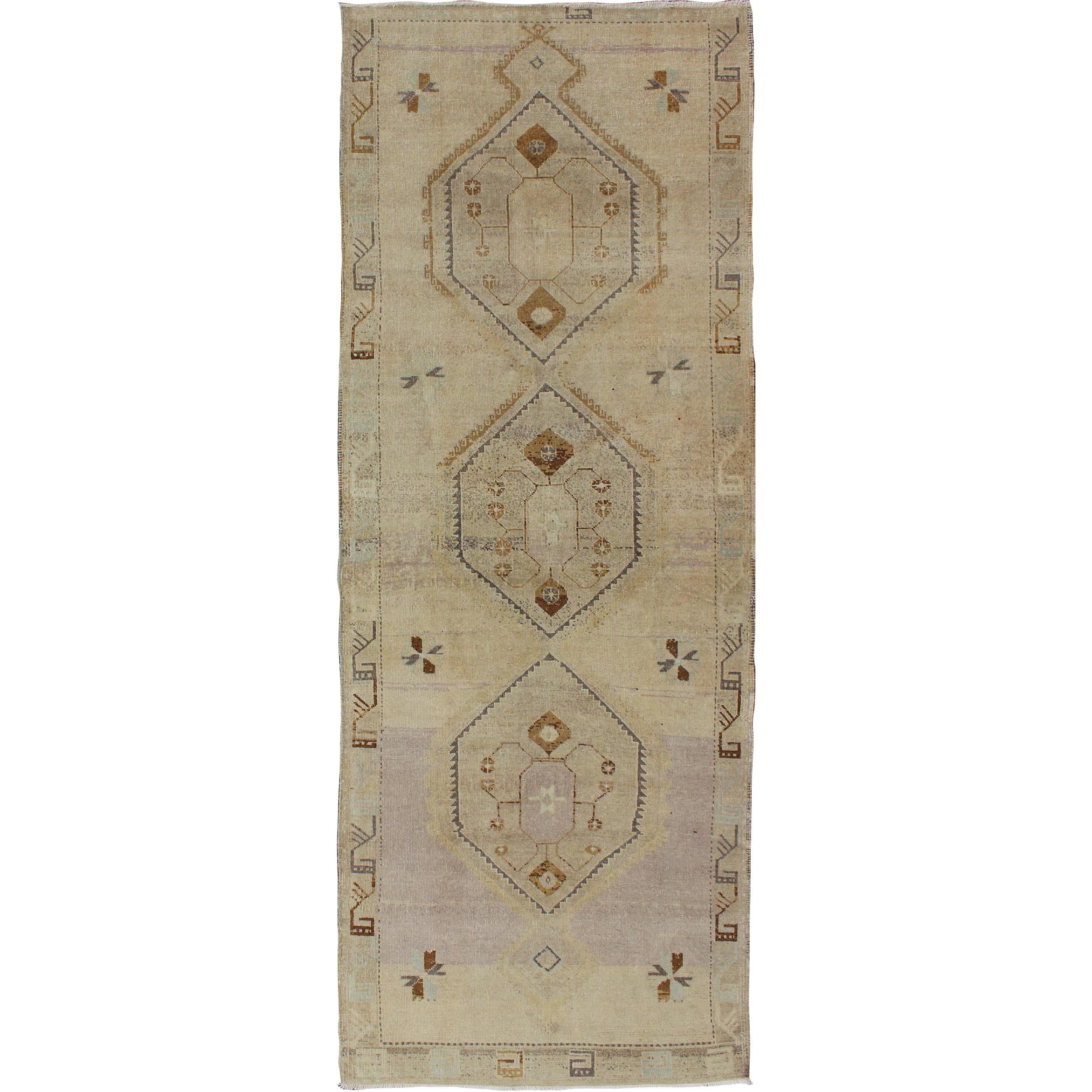 Vintage Turkish Oushak Runner with Tribal Medallions in Lavender, Taupe & Brown