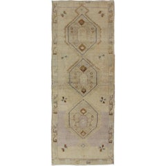 Vintage Turkish Oushak Runner with Tribal Medallions in Lavender, Taupe & Brown