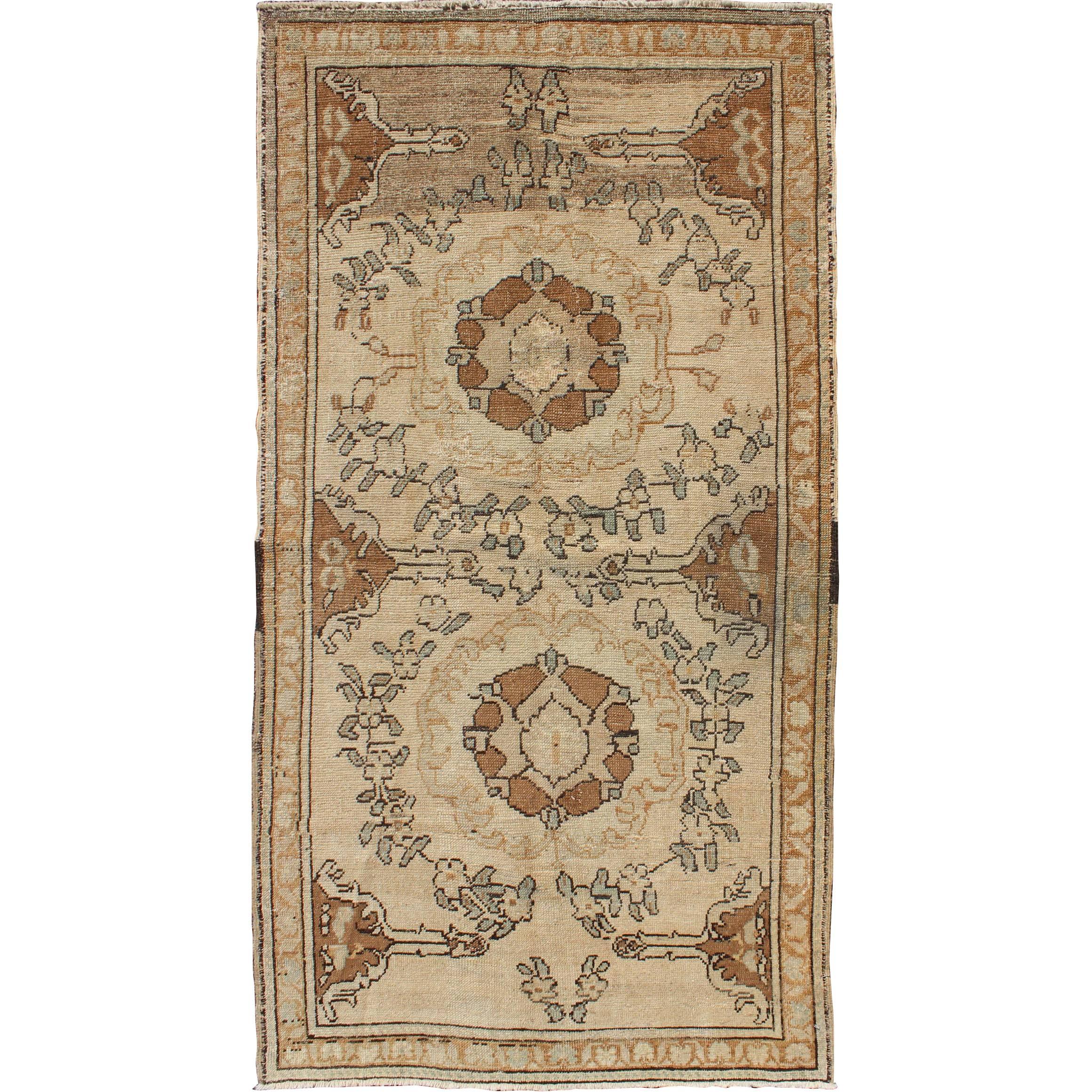 Dual Medallion Vintage Turkish Oushak Rug with Floral Accents in Brown and Gray