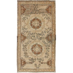 Dual Medallion Vintage Turkish Oushak Rug with Floral Accents in Brown and Gray