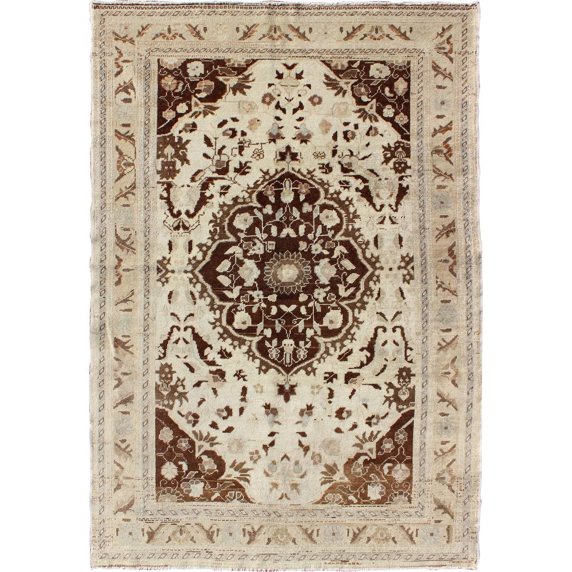 Turkish Oushak Vintage Rug with Intricate Floral Medallion in Brown and Ivory For Sale