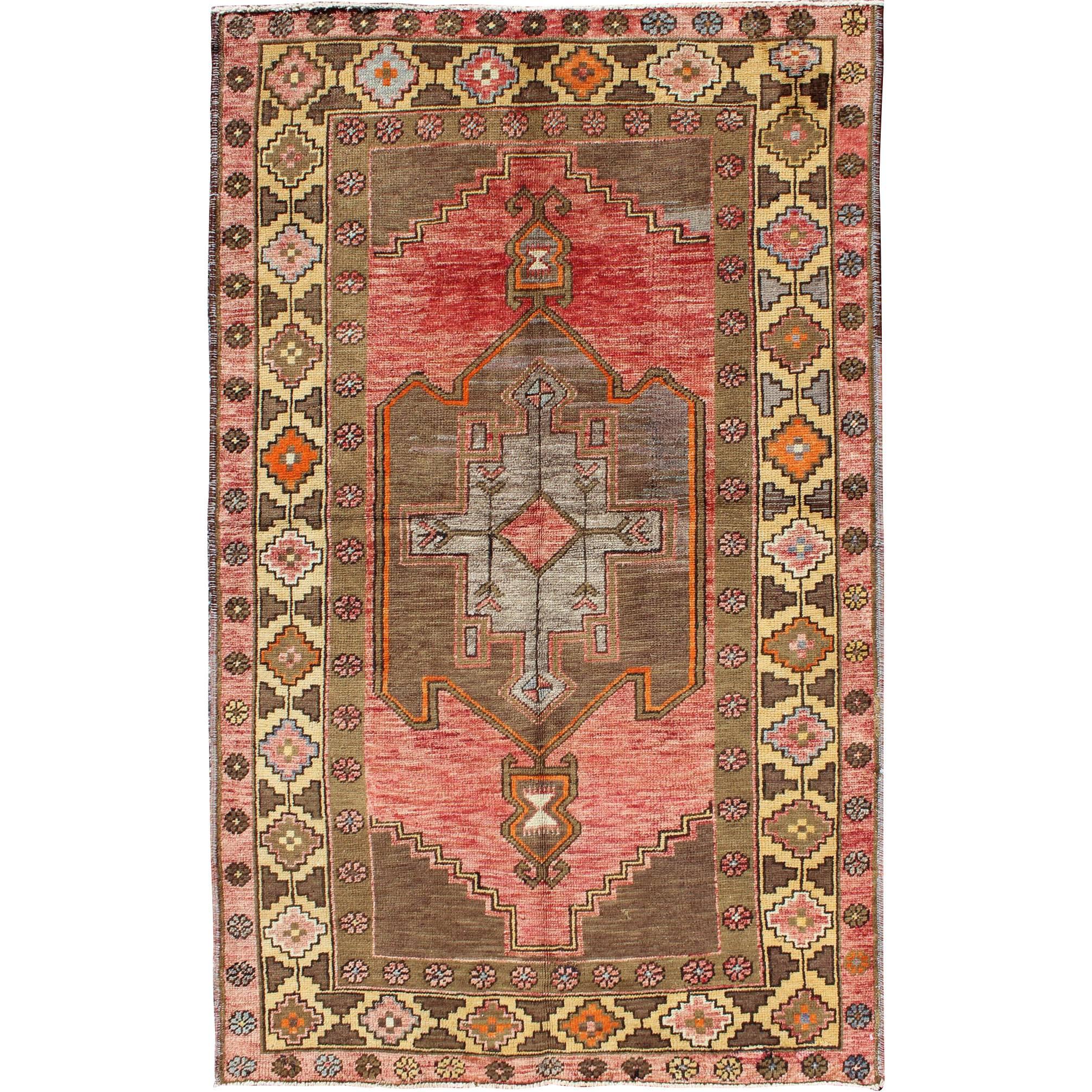 Midcentury Vintage Turkish Oushak Rug with Geometric Florals in Red and Brown