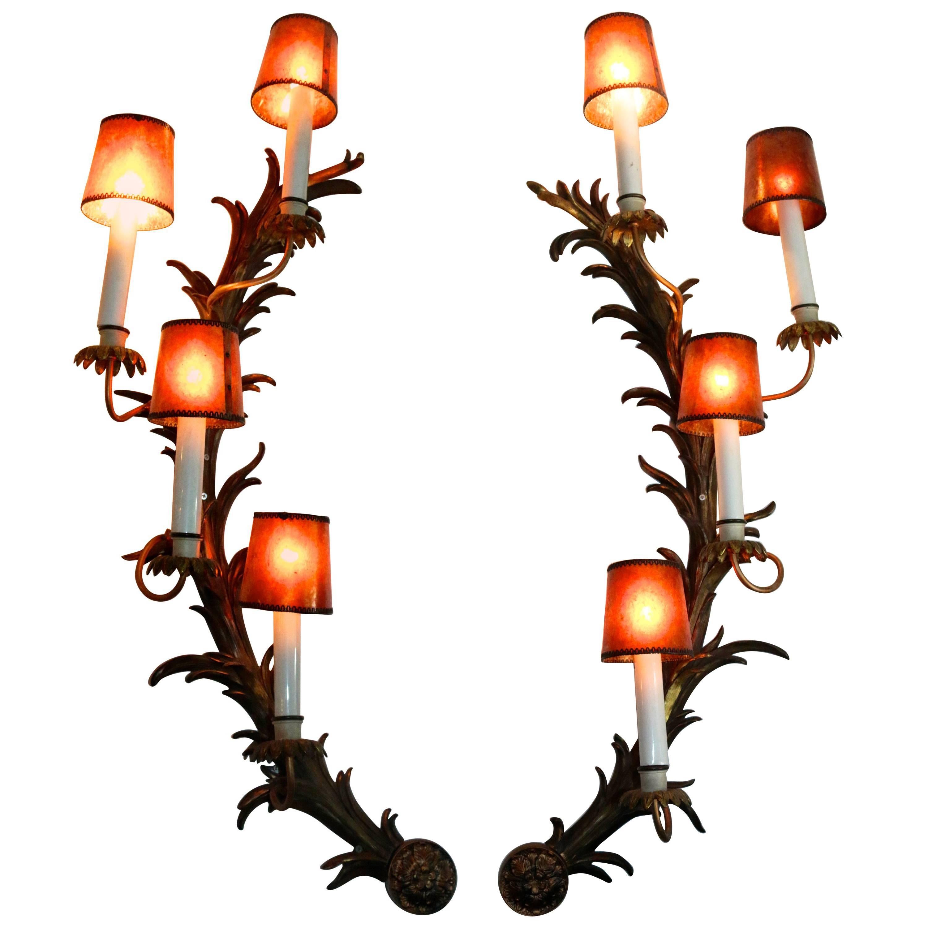 Monumental French Antique Rococo Bronze Half Moon Sconces For Sale