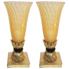 Pair of Bronze and Gold Honeycomb Murano Glass Lamps attributed Barovier & Toso