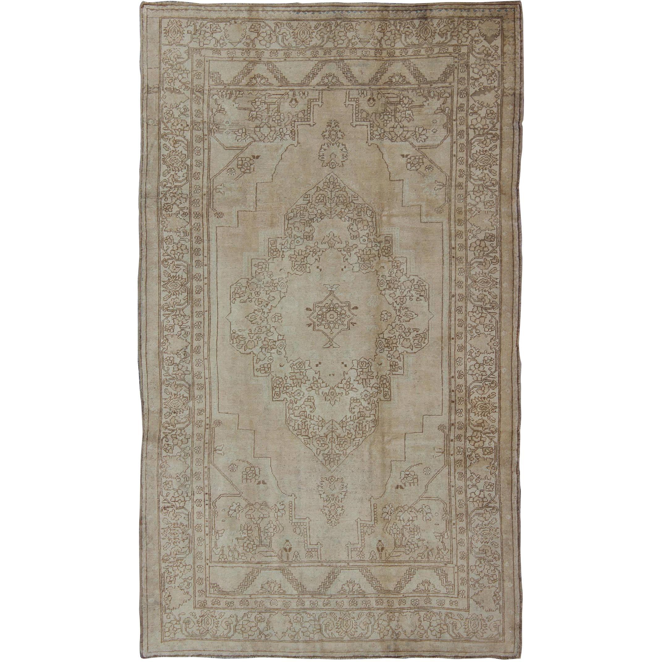 Vintage Turkish Oushak Rug in Light Colors, Sand, Taupe, Pale Green& Brown For Sale