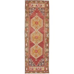 Colorful Turkish Oushak Runner with Three Medallions in Red, Blue, Olive