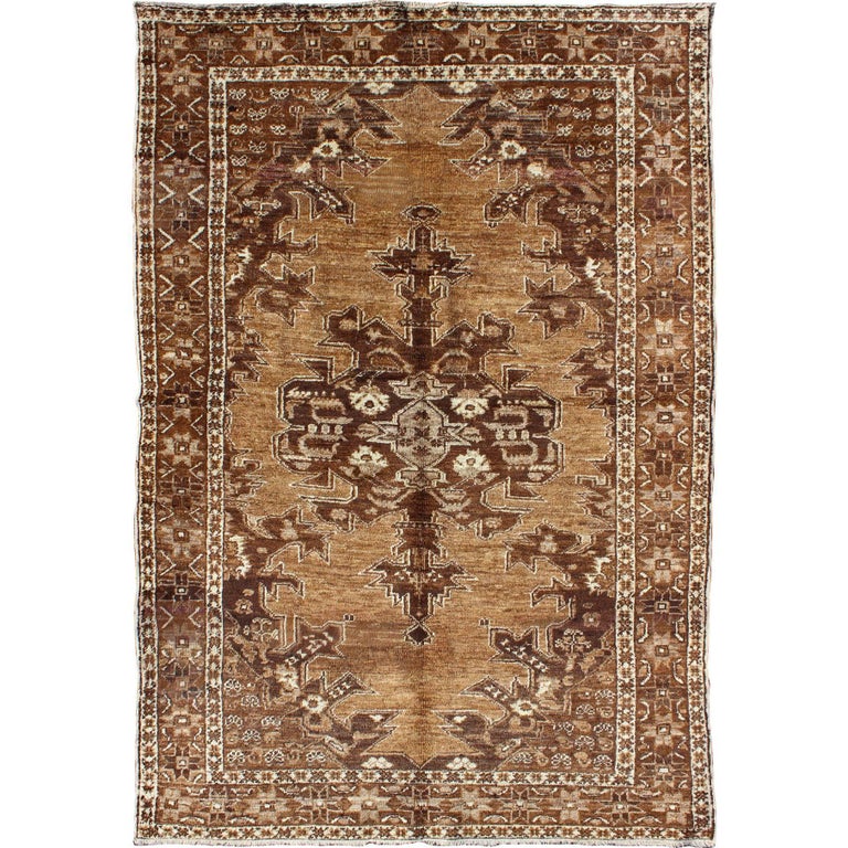 Brown MidCentury Vintage Turkish Oushak Rug with Floral MultiLayered